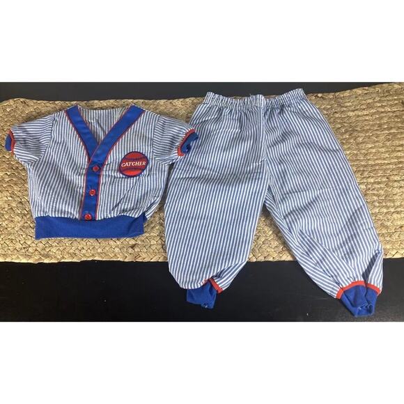 Vintage Baby Baseball Striped Outfit Red White Blue Pinstripes Catcher - Picture 1 of 8